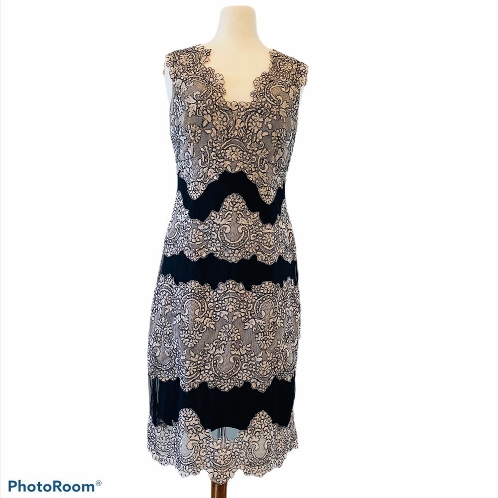 TAHARI Black & Blush Scalloped Edge Lace Sheath Dress Size 6 NEW - Picture 3 of 10